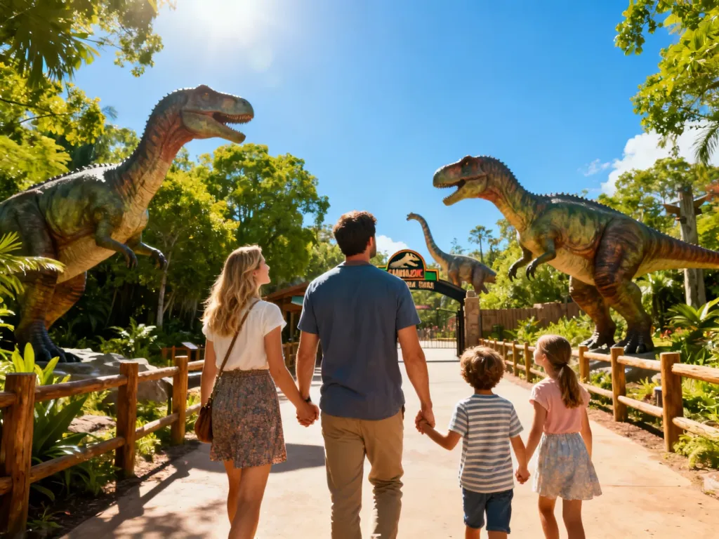 Szczęśliwa rodzina zwiedzająca park jurajski w Bałtowie, podziwiająca modele dinozaurów w słoneczny dzień.
