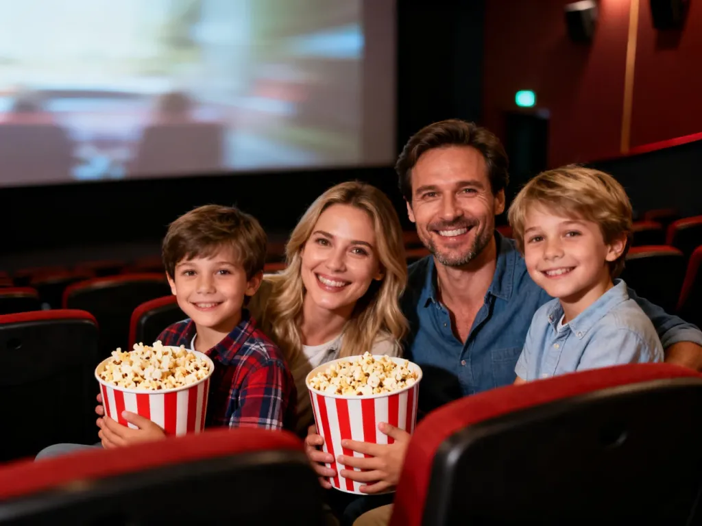 Szczęśliwa czteroosobowa rodzina z popcornem w nowoczesnej sali kinowej, gotowa na wspólny seans filmowy.