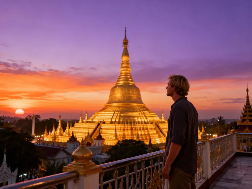 Złota pagoda Shwedagon o zachodzie słońca z mężczyzną podziwiającym panoramę świątyni w Mjanmie.
